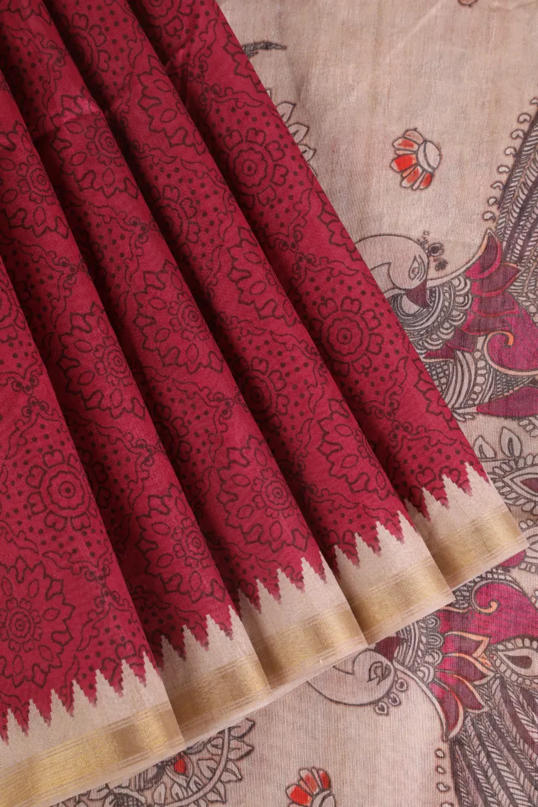 Magenta Pink Semi Tussar Silk Without Zari With Rangoli Pattren view 1