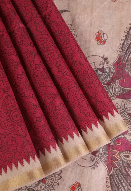 Magenta Pink Semi Tussar Silk Without Zari With Rangoli Pattren