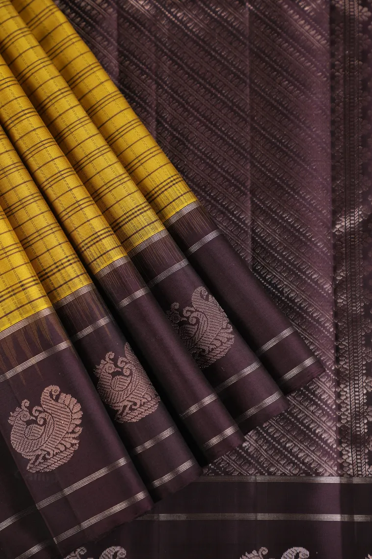 Lemon Yellow Soft Silk Saree with Gold And Silver Zari Checks