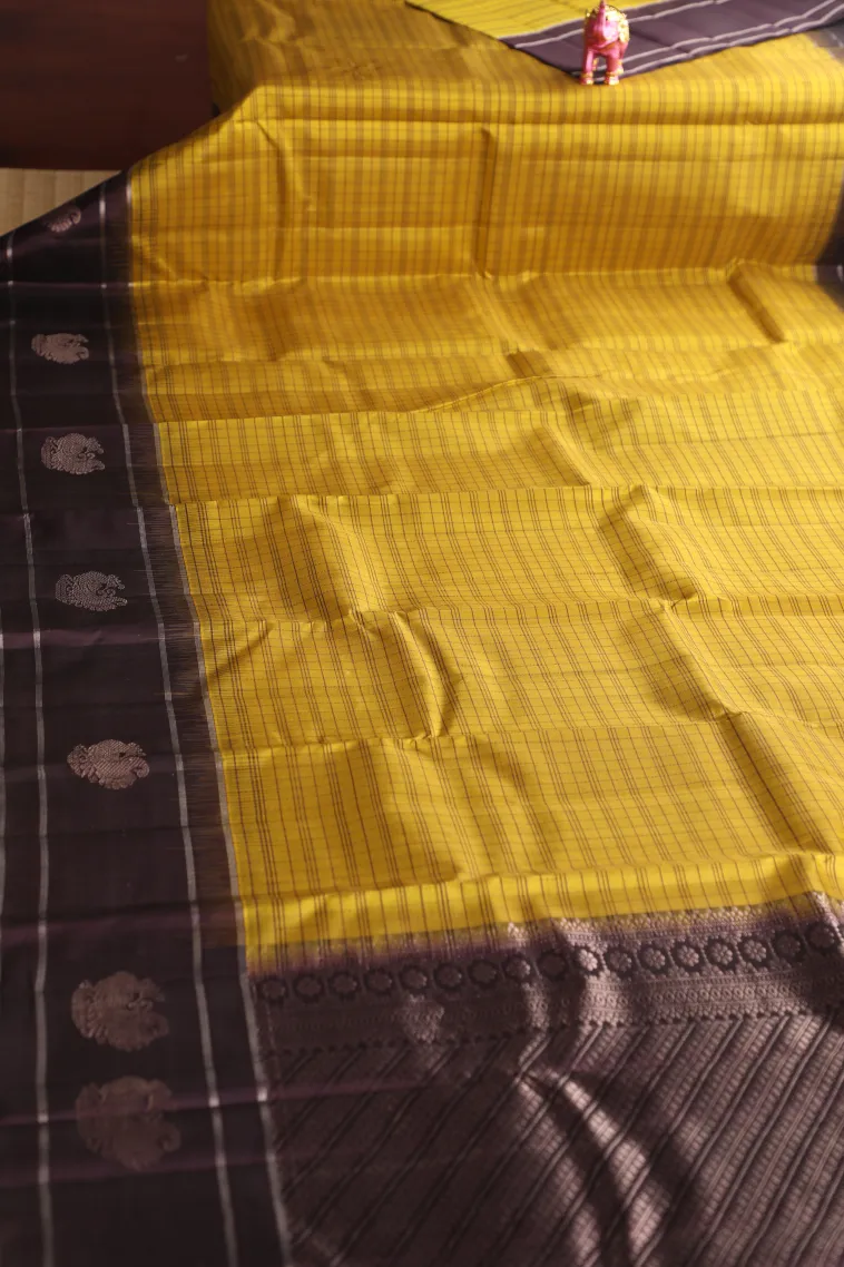 Lemon Yellow Soft Silk Saree with Gold And Silver Zari Checks view 2