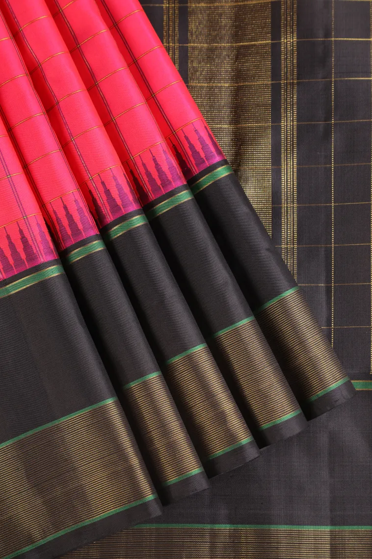 Hot Pink Kanchipuram Silk Sarees with Gold Zari Checks view 1