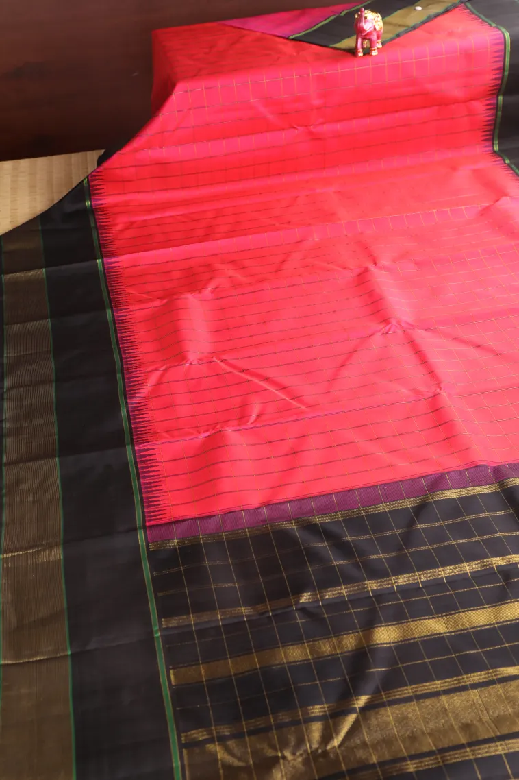 Hot Pink Kanchipuram Silk Sarees with Gold Zari Checks view 2
