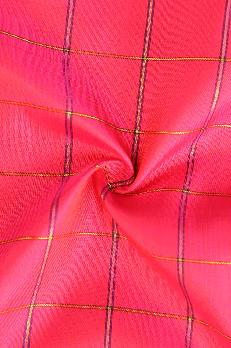 Hot Pink Kanchipuram Silk Sarees with Gold Zari Checks view 4