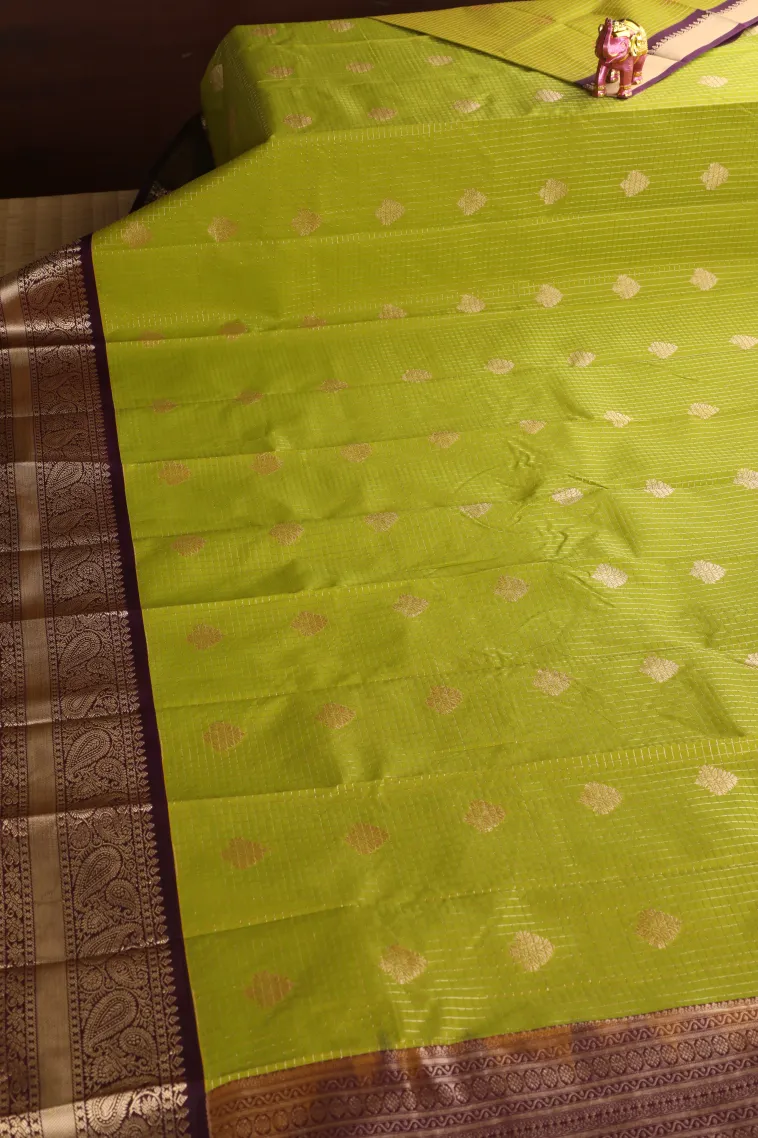 Lime Green Visiri Madippu Silk Sarees with Gold Zari Checks And Puttas view 2