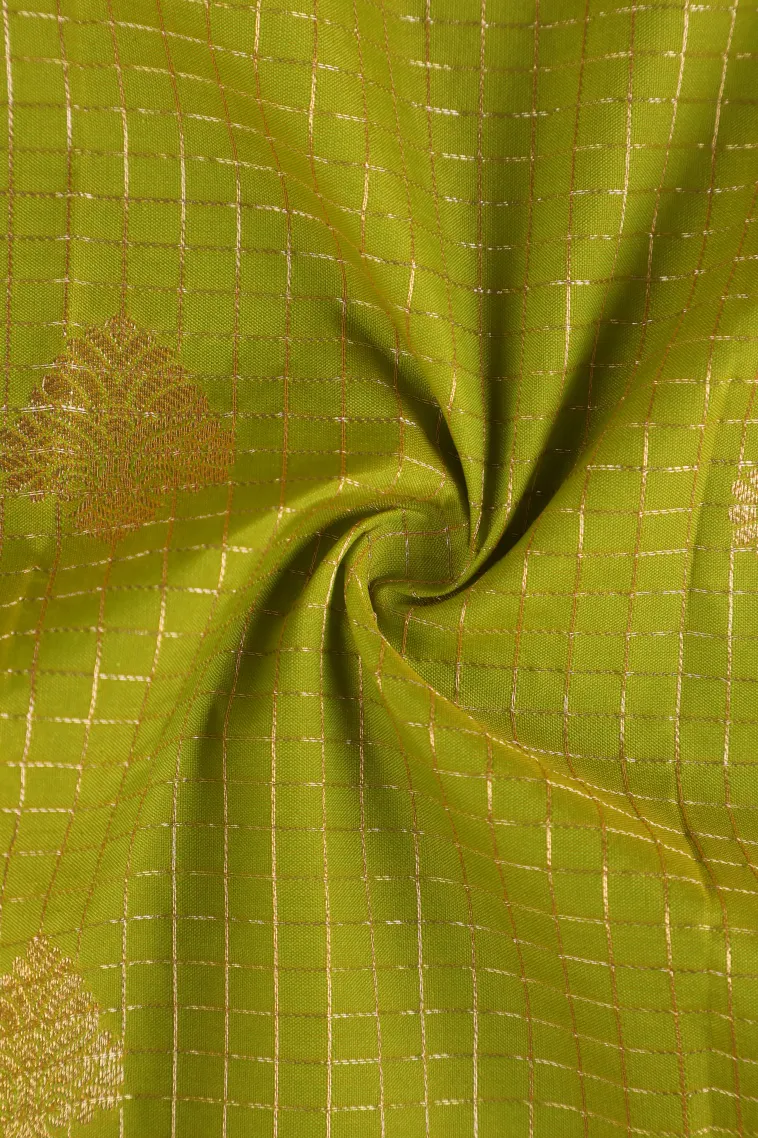 Lime Green Visiri Madippu Silk Sarees with Gold Zari Checks And Puttas view 4