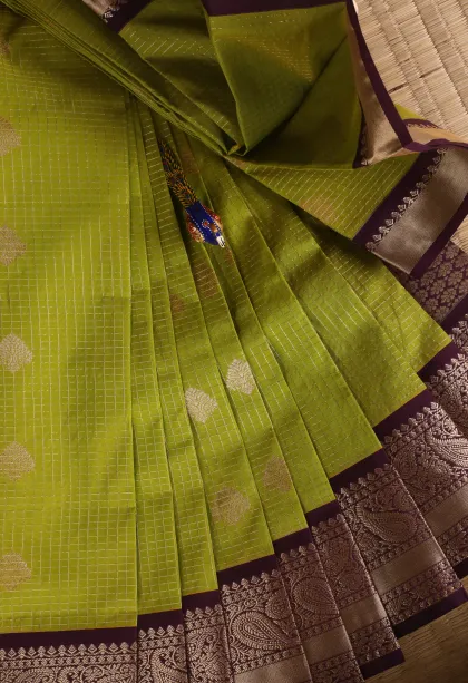 Lime Green Visiri Madippu Silk Sarees with Gold Zari Checks And Puttas