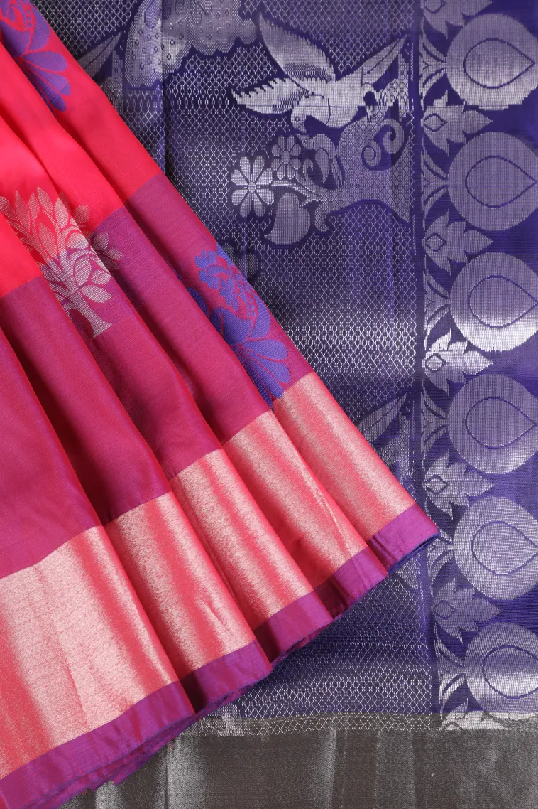 Punch Pink Soft Silk Saree with Gold And Silver Zari Peacock Motifs