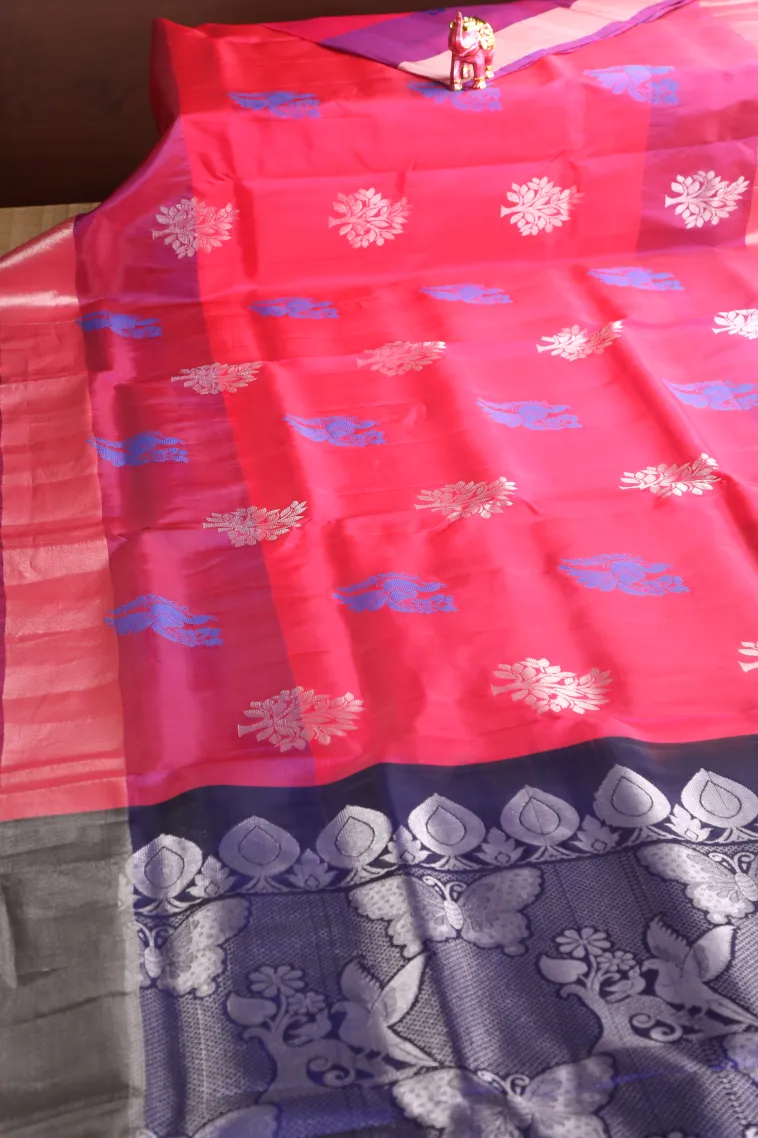 Punch Pink Soft Silk Saree with Gold And Silver Zari Peacock Motifs view 2