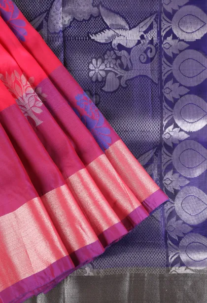 Punch Pink Soft Silk Saree with Gold And Silver Zari Peacock Motifs