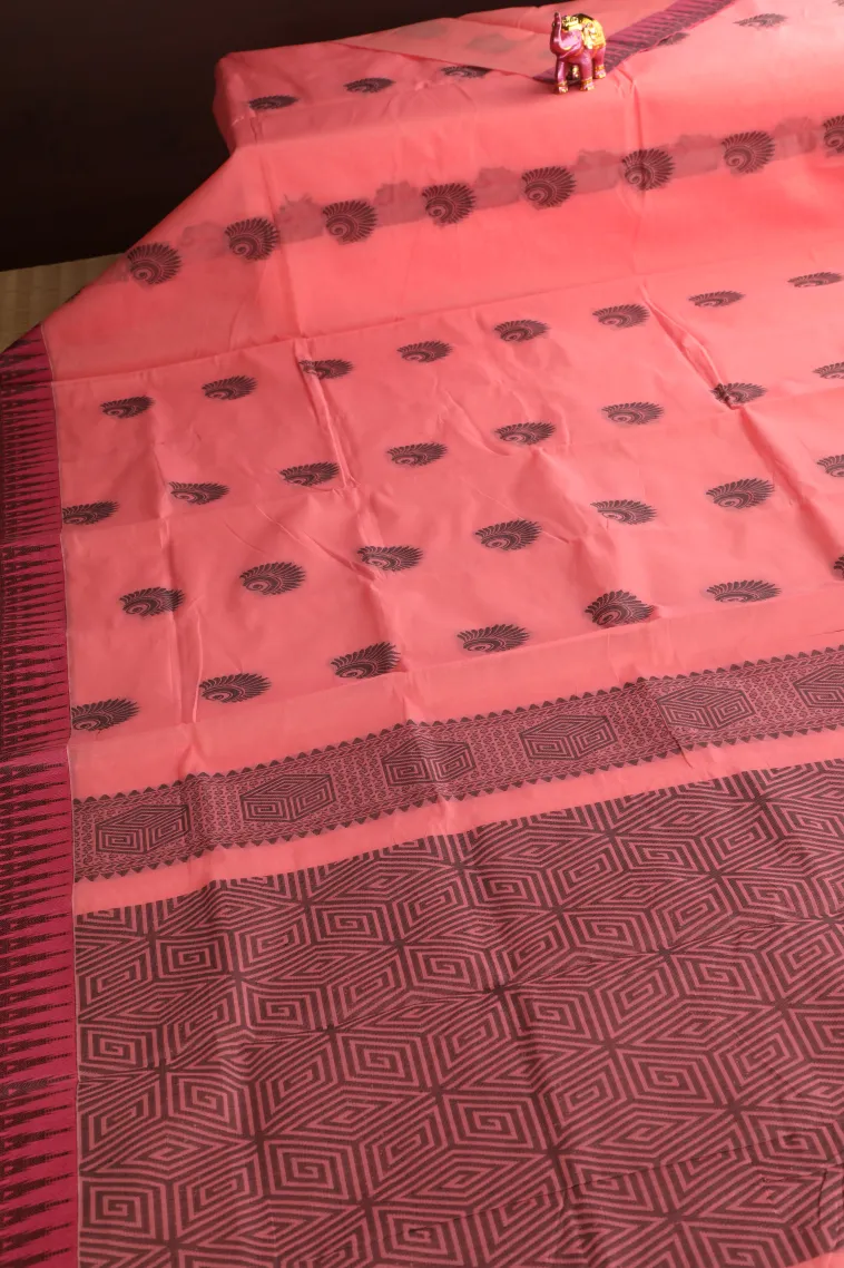 Peach Pink Silk Cotton Without Zari With Flower Mottif view 2