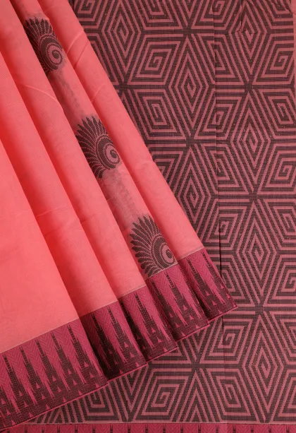 Peach Pink Silk Cotton Without Zari With Flower Mottif