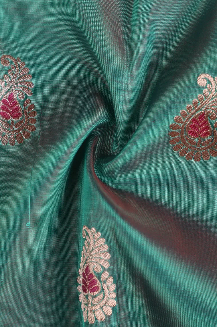 Teal Blue Soft Silk Saree with Gold Zari Mango Puttas view 4