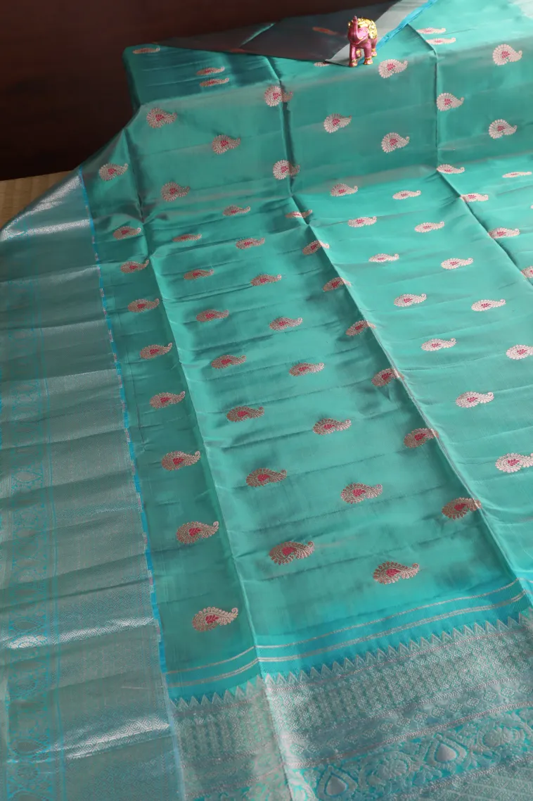Teal Blue Soft Silk Saree with Gold Zari Mango Puttas view 2