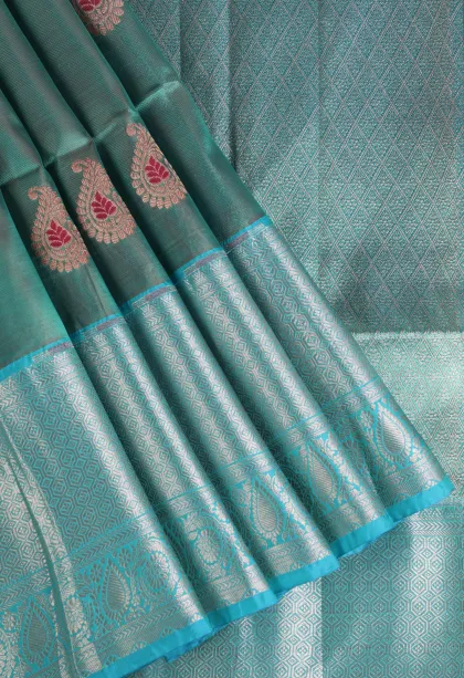Teal Blue Soft Silk Saree with Gold Zari Mango Puttas