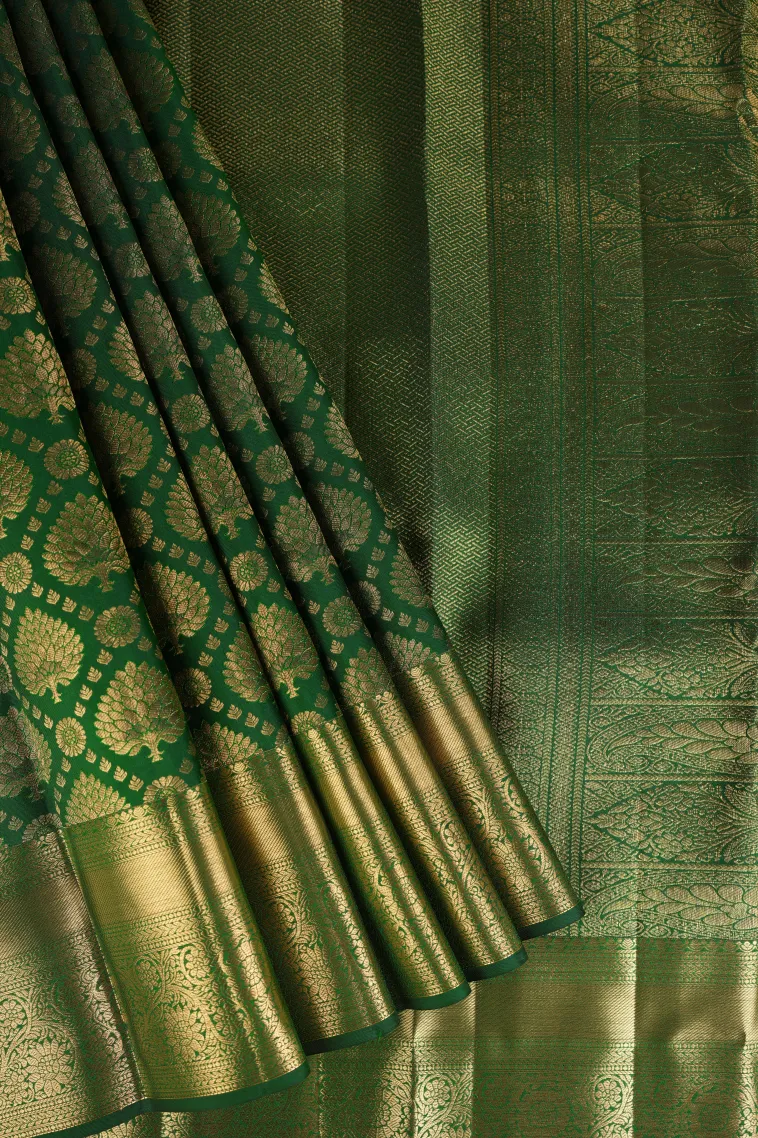 Pine Green Kanchipuram Silk Sarees with Gold Zari Floral Patterns view 1
