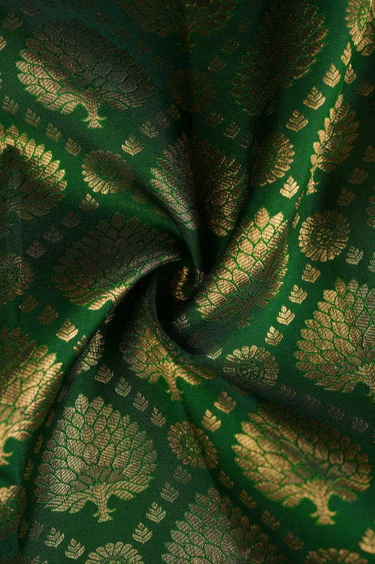 Pine Green Kanchipuram Silk Sarees with Gold Zari Floral Patterns view 4