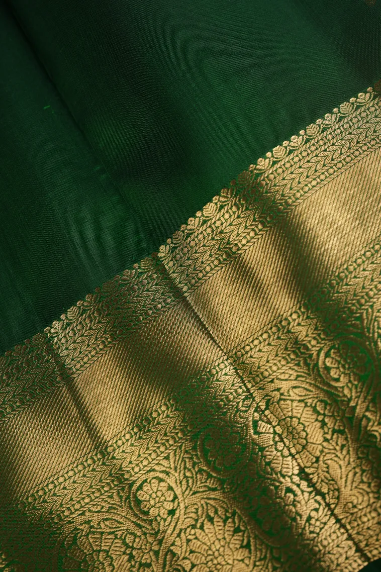 Pine Green Kanchipuram Silk Sarees with Gold Zari Floral Patterns view 3