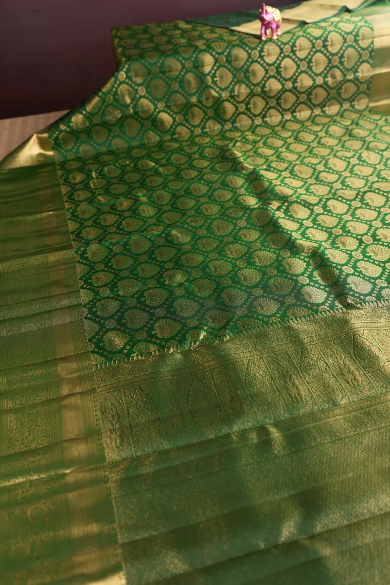 Pine Green Kanchipuram Silk Sarees with Gold Zari Floral Patterns view 2
