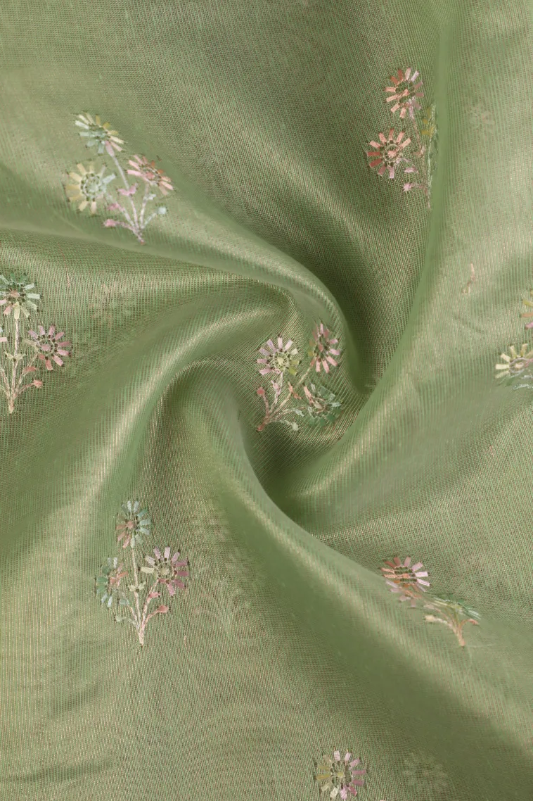 Sage Green Tissue Silk Sarees with Gold Zari Flower Mottif view 4