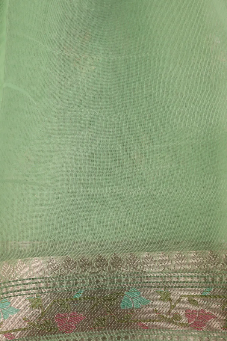 Sage Green Tissue Silk Sarees with Gold Zari Flower Mottif view 3