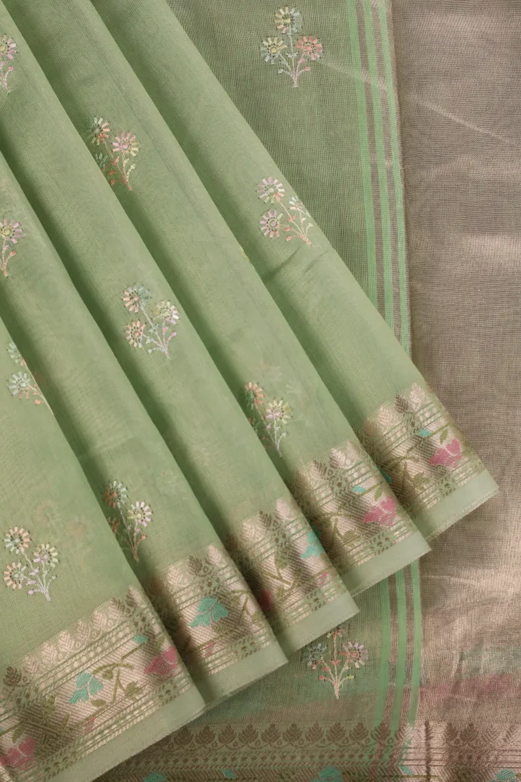 Sage Green Tissue Silk Sarees with Gold Zari Flower Mottif