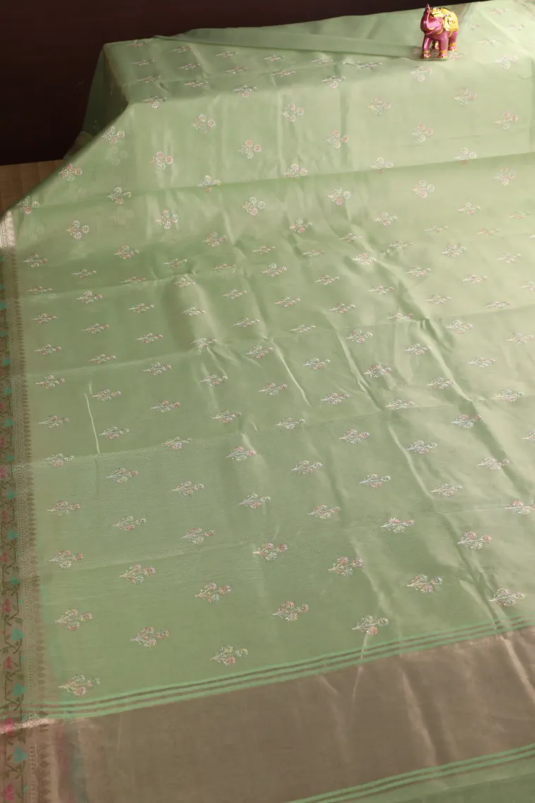 Sage Green Tissue Silk Sarees with Gold Zari Flower Mottif view 2