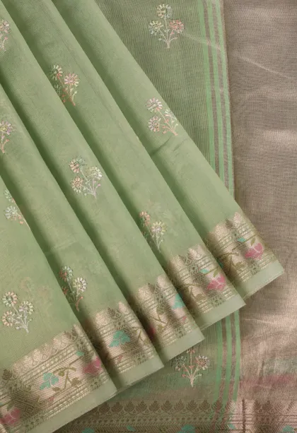 Sage Green Tissue Silk Sarees with Gold Zari Flower Mottif