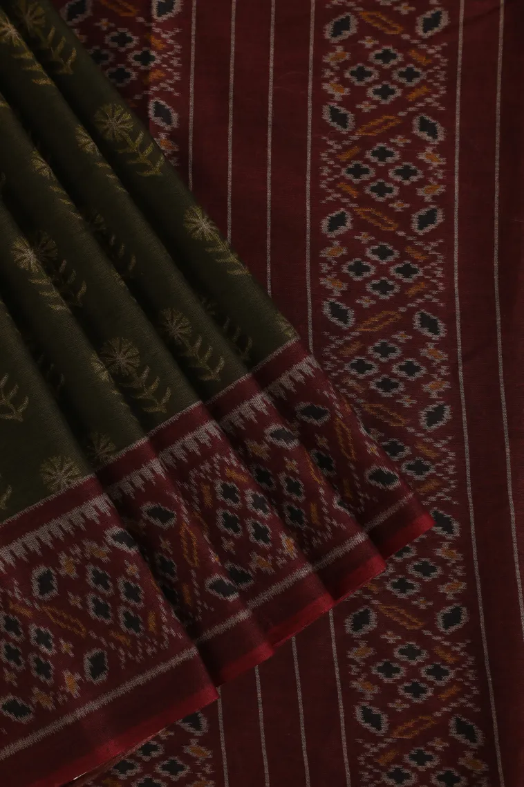 Seaweed Green Chanderi Cotton Sarees Without Zari With Flower Mottif