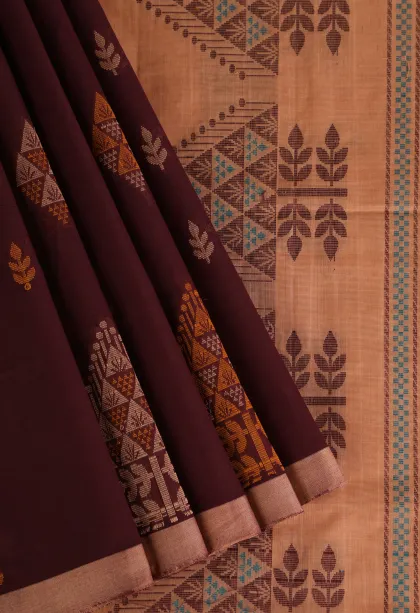 Merlot Red Pure Handloom Kovai Cotton with Gold Zari Geometric Shapes