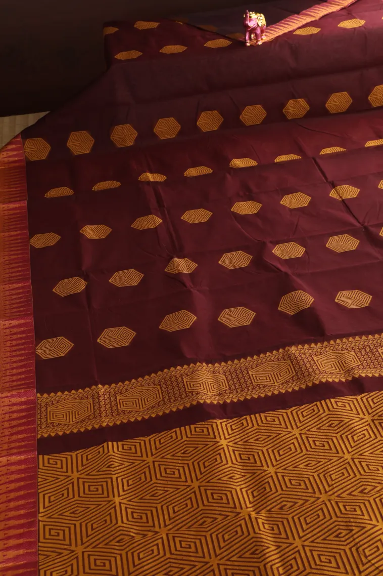 Jam Red Silk Cotton Without Zari With Geometric Shapes view 2