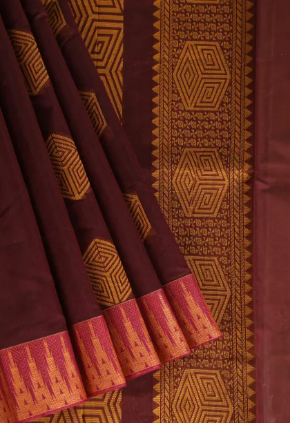 Jam Red Silk Cotton Without Zari With Geometric Shapes