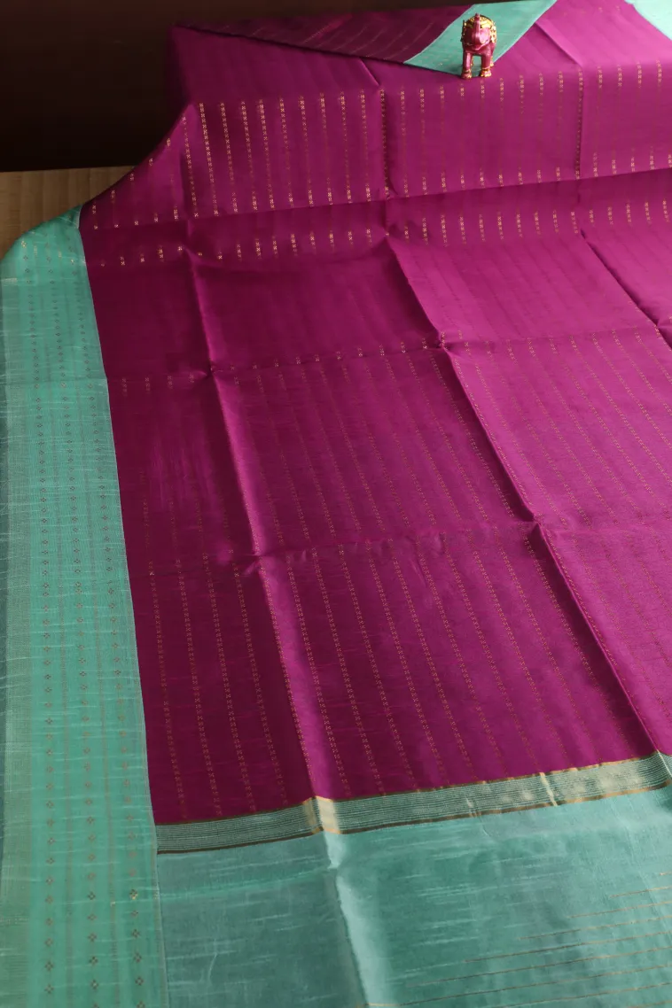 Magenta Purple Tussar Saree with Gold Zari Cross Straipes view 2