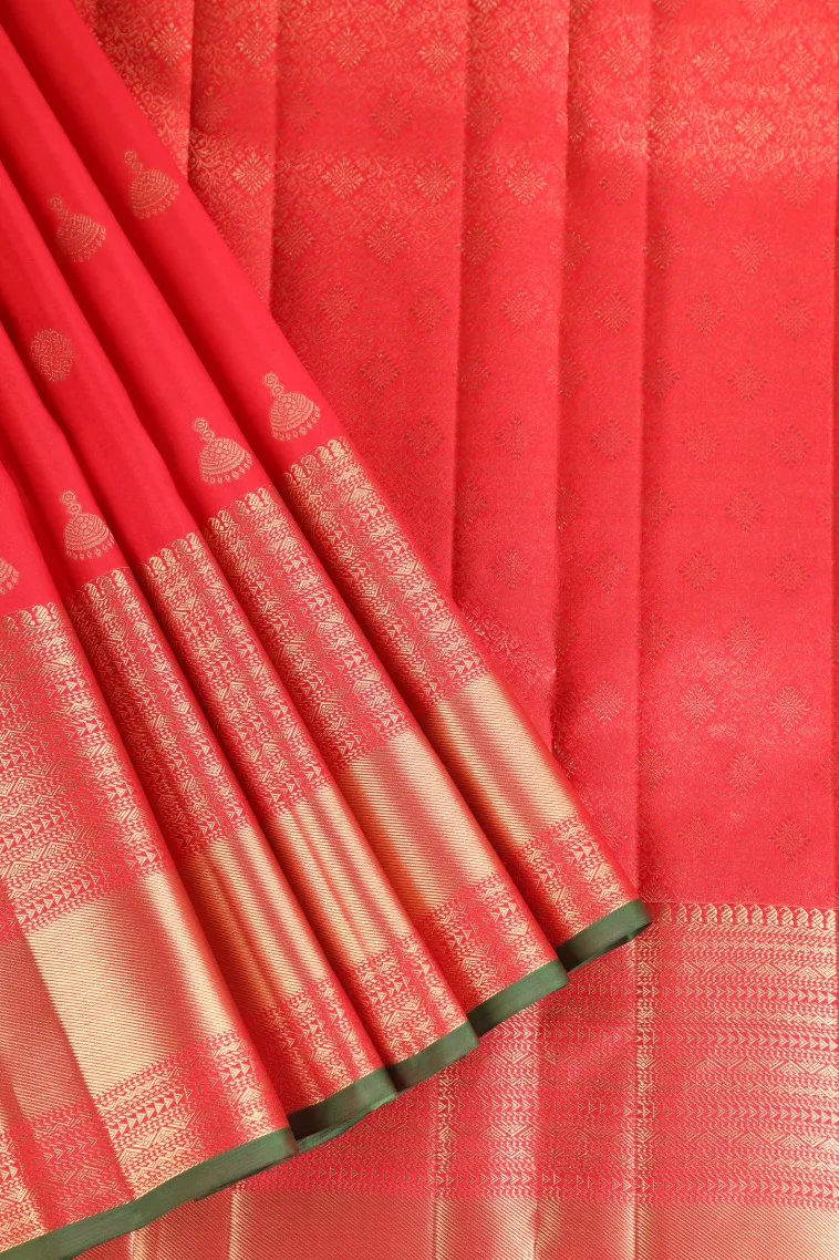 Rose Red Kanchipuram Silk Sarees with Gold Zari Buttis (small Dots Or Motifs)