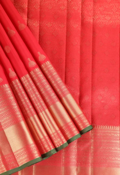 Rose Red Kanchipuram Silk Sarees with Gold Zari Buttis (small Dots Or Motifs)