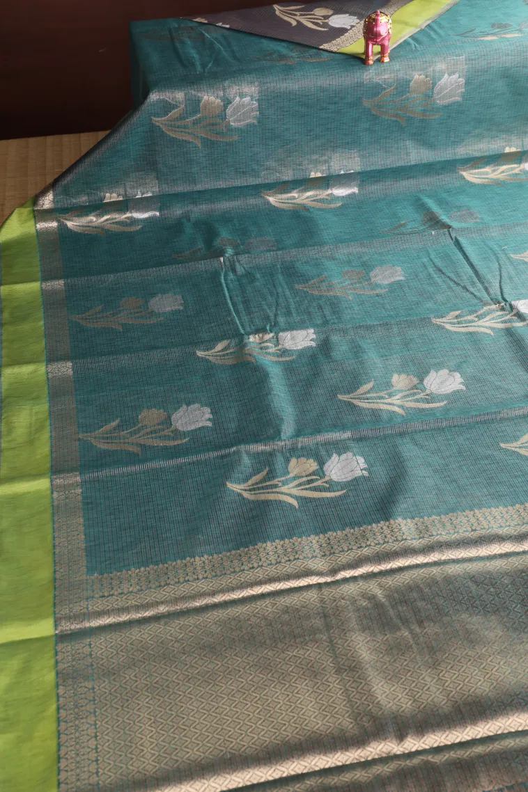 Ocean Blue Organza Saree with Gold And Silver Zari Straipes And Puttas view 2