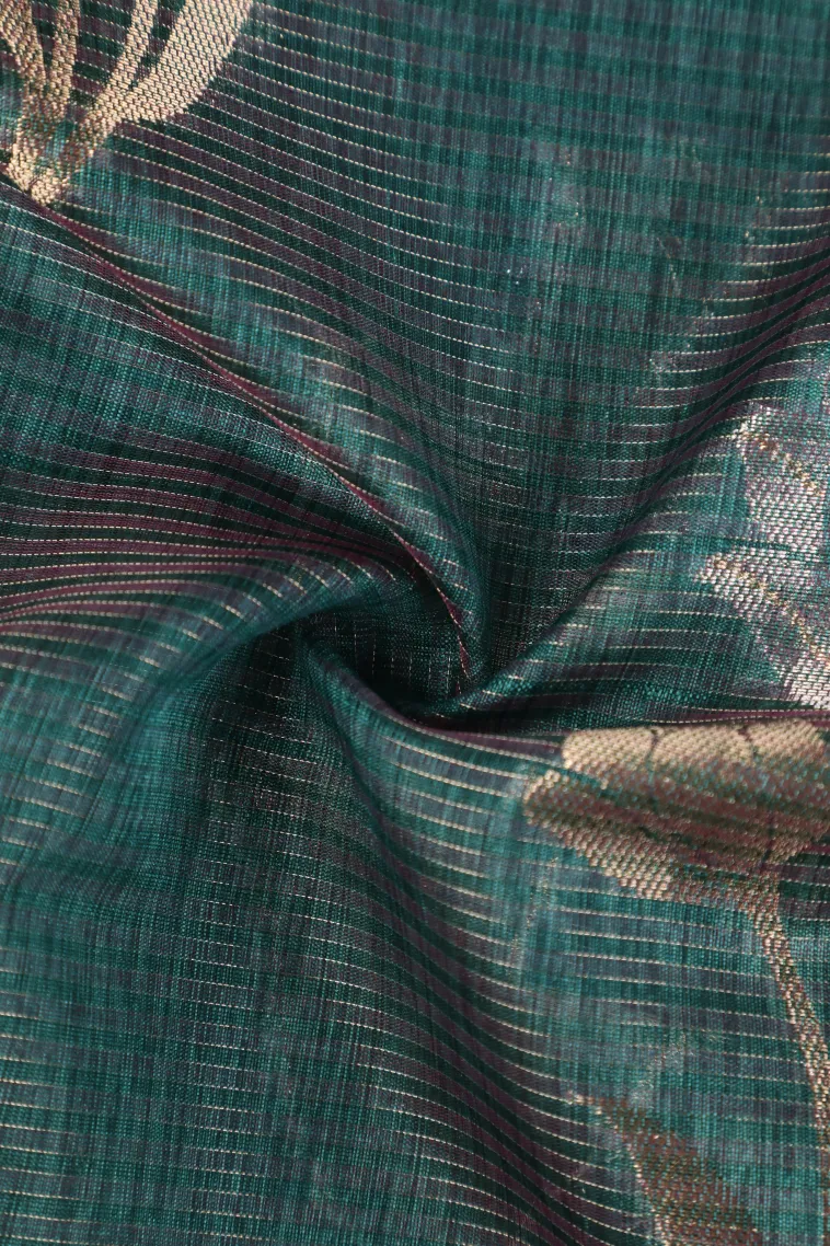 Ocean Blue Organza Saree with Gold And Silver Zari Straipes And Puttas view 4