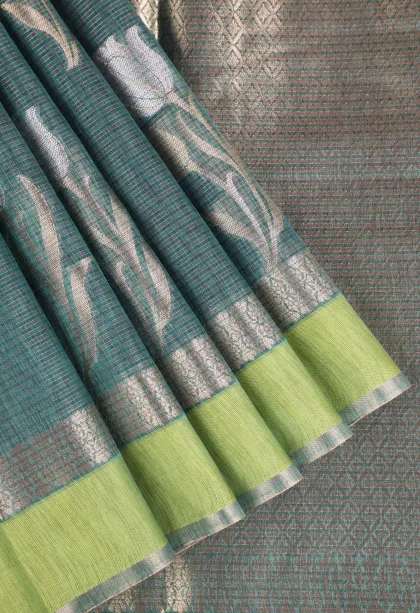 Ocean Blue Organza Saree with Gold And Silver Zari Straipes And Puttas