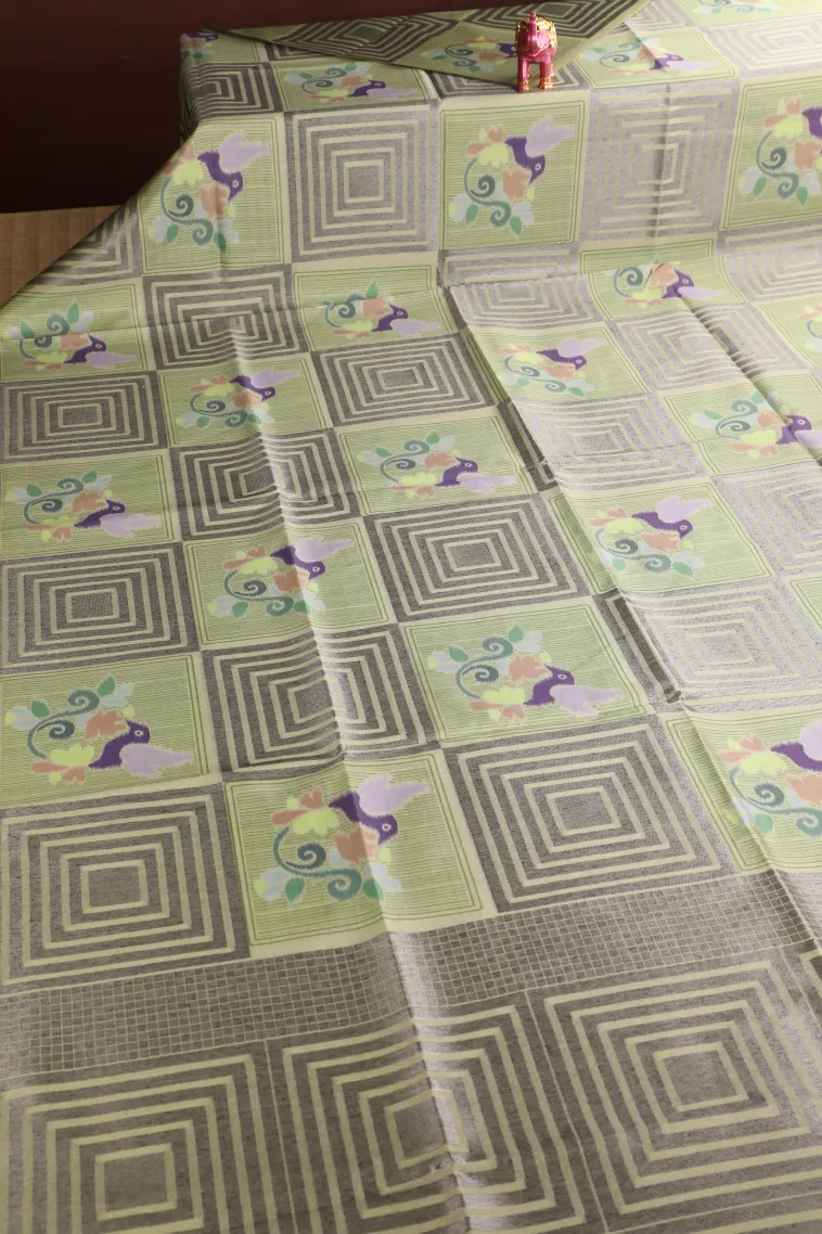 Olive Green Tussar Saree with Silver Zari Geometric Shapes view 2