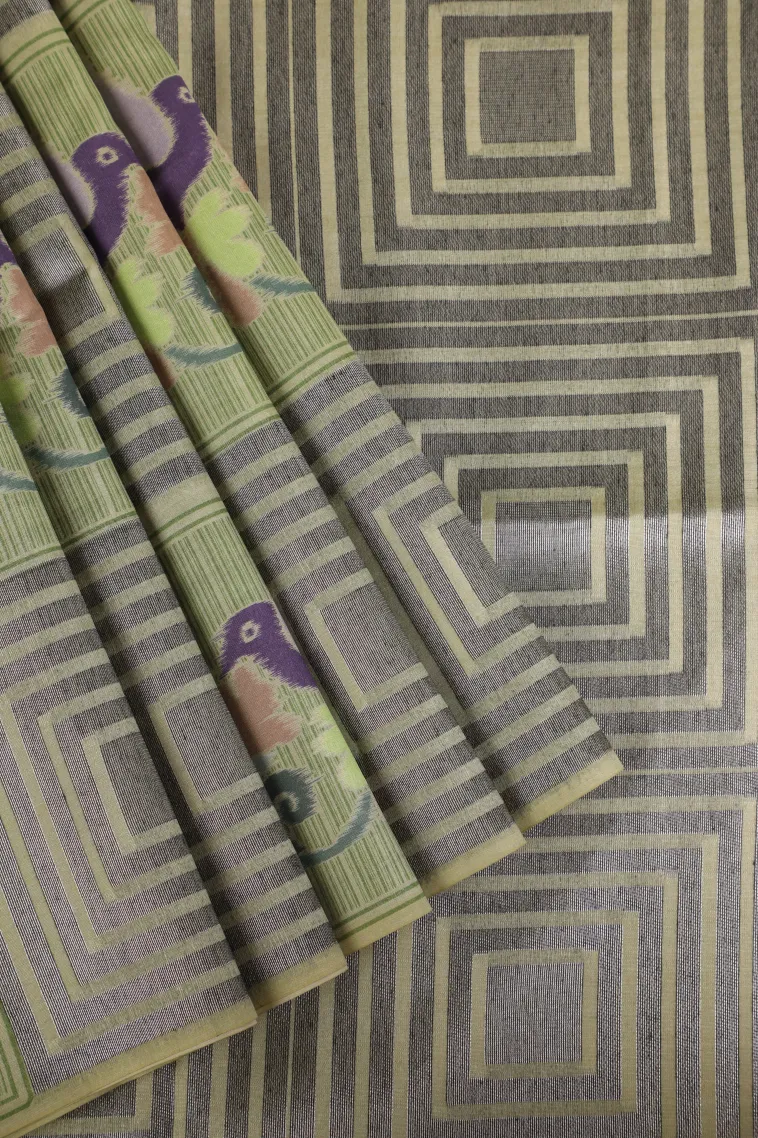 Olive Green Tussar Saree with Silver Zari Geometric Shapes
