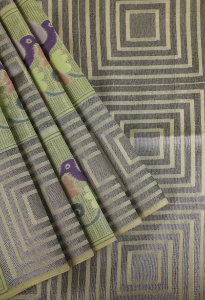 Olive Green Tussar Saree with Silver Zari Geometric Shapes