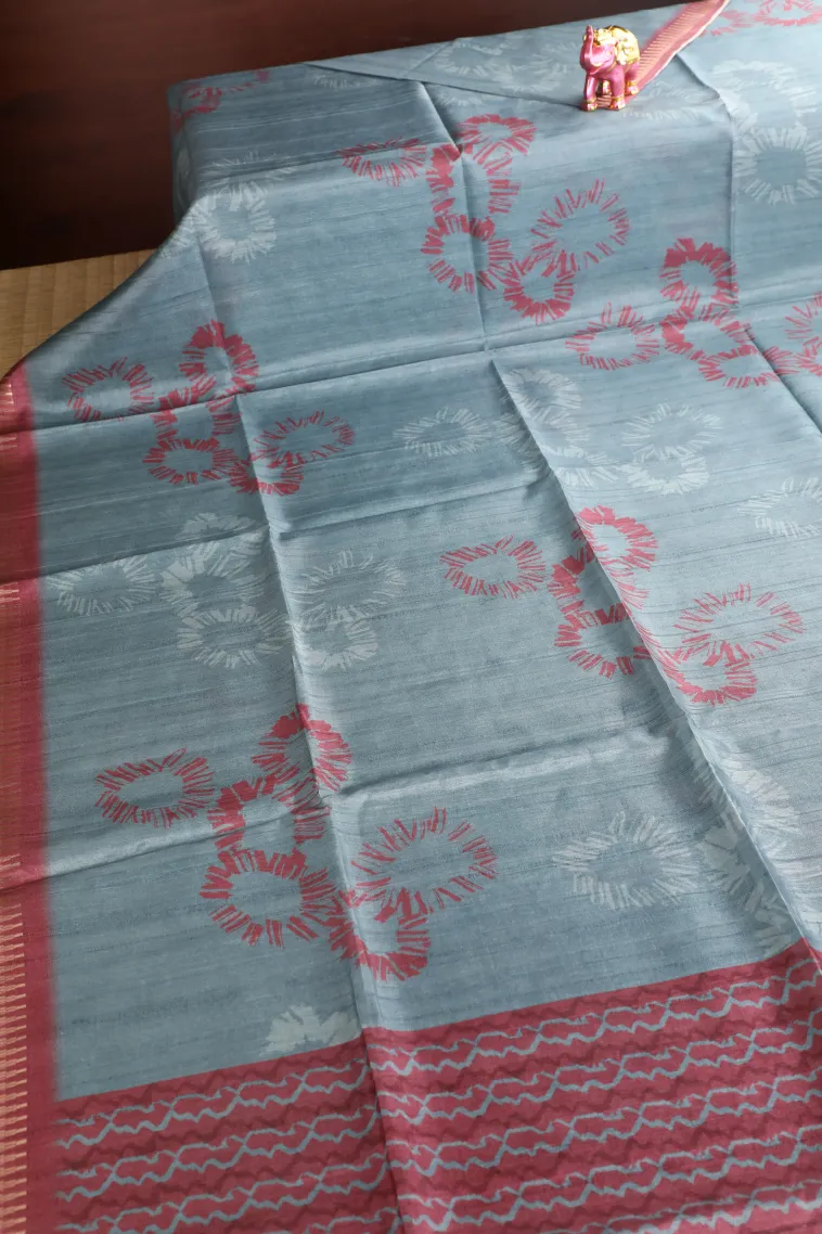 Stone Blue Semi Tussar Silk Without Zari With Geometric Shapes view 2