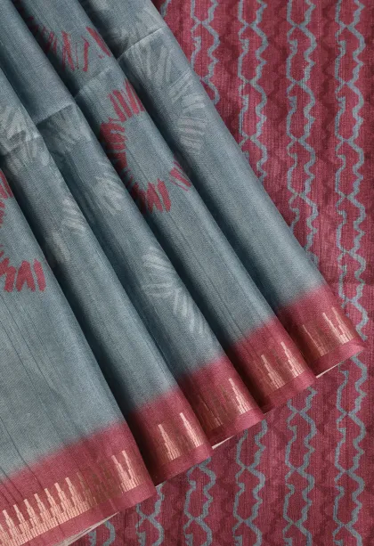 Stone Blue Semi Tussar Silk Without Zari With Geometric Shapes