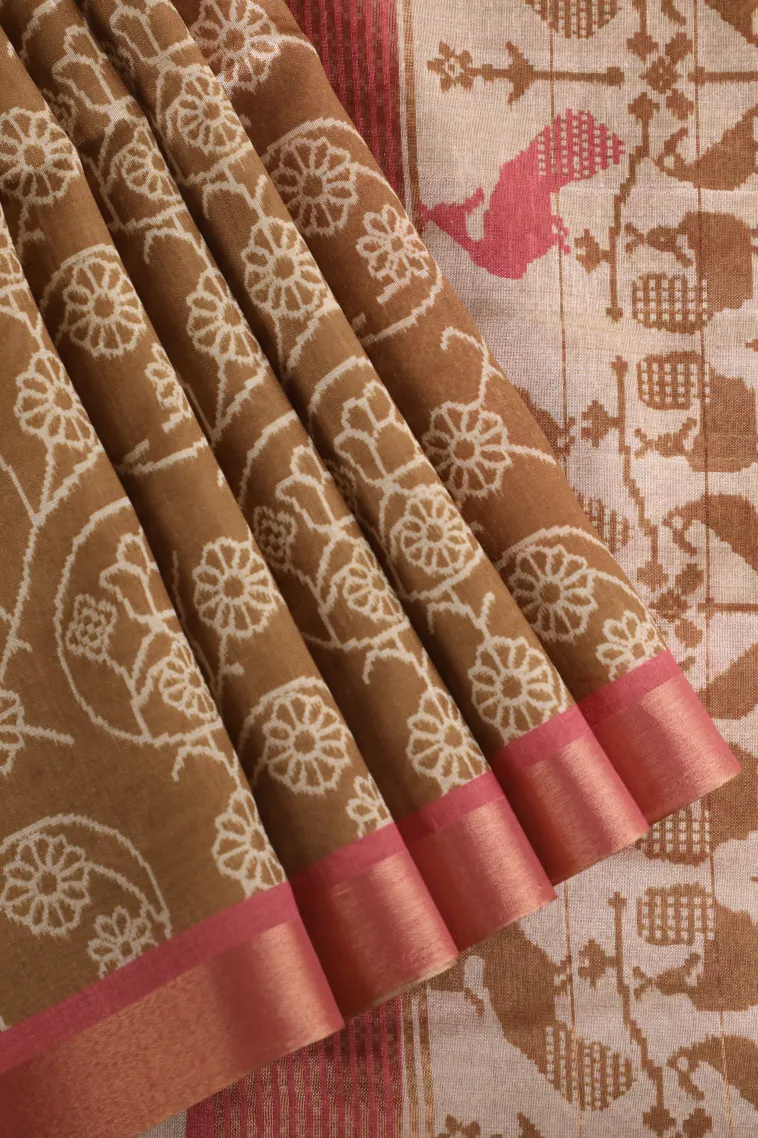 Peanut Brown Jute Sarees Without Zari With Floral Patterns view 1