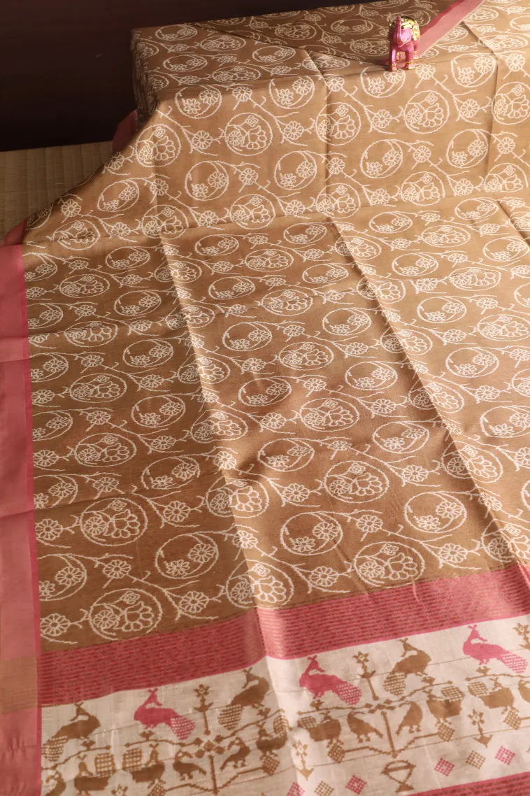 Peanut Brown Jute Sarees Without Zari With Floral Patterns view 2