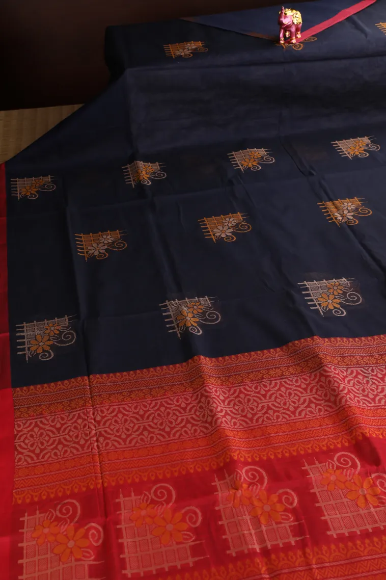 Denim Blue Pure Handloom Kovai Cotton Without Zari With Flower Mottif view 2