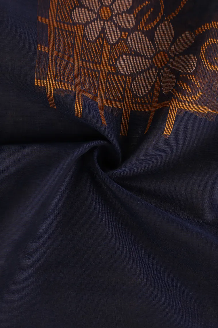 Denim Blue Pure Handloom Kovai Cotton Without Zari With Flower Mottif view 4