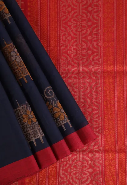Denim Blue Pure Handloom Kovai Cotton Without Zari With Flower Mottif
