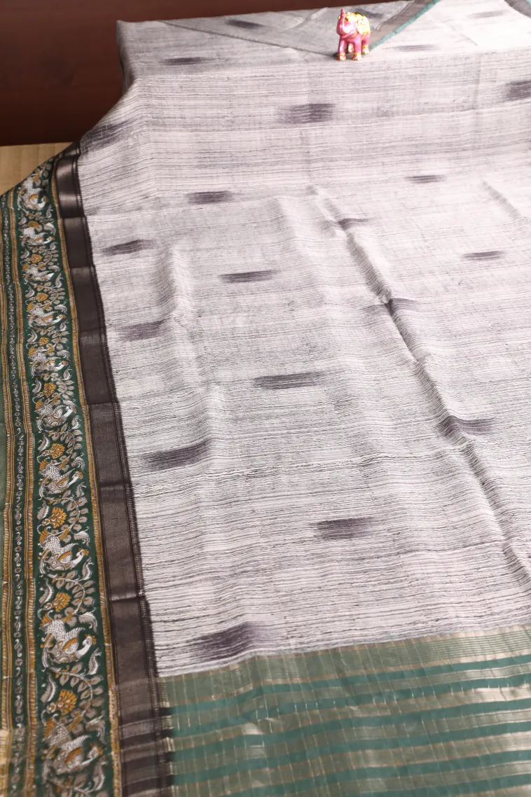 Smoke White Chanderi Cotton Sarees with Gold Zari Stripes view 2