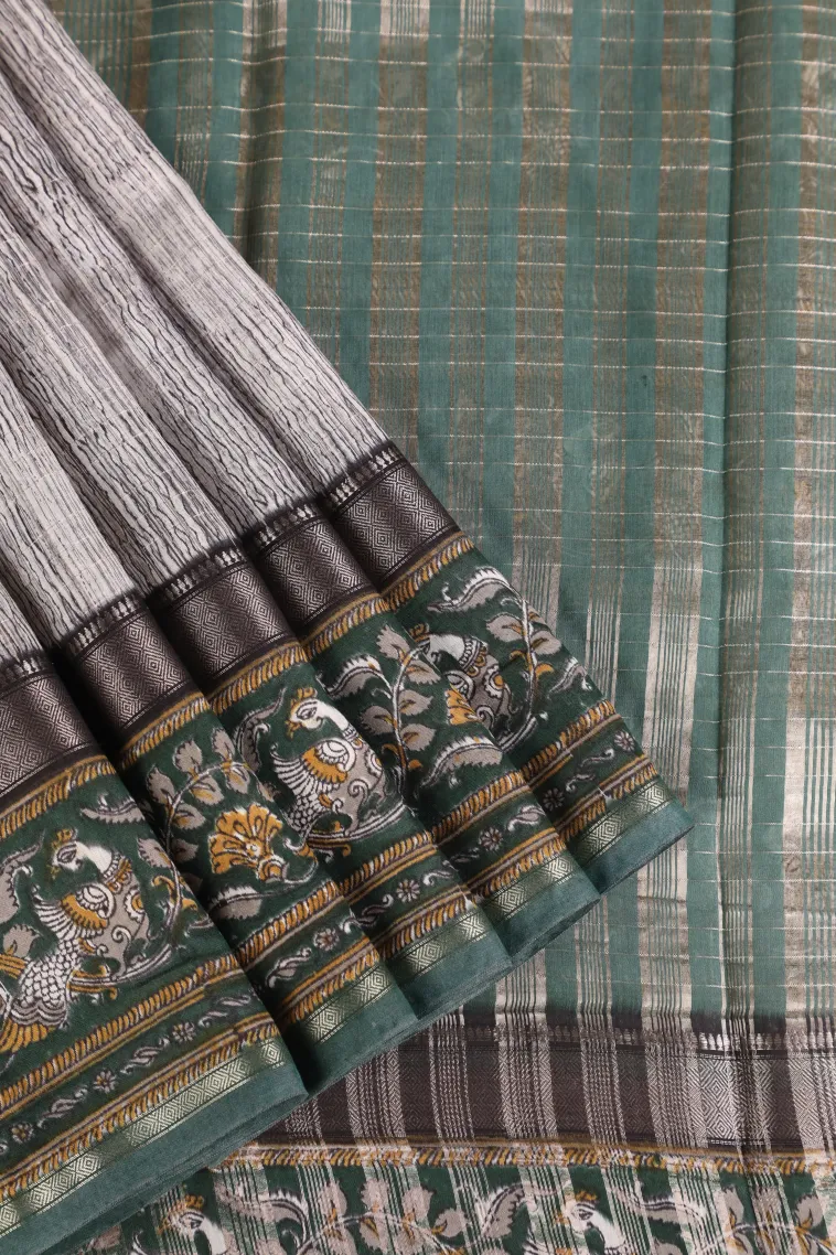Smoke White Chanderi Cotton Sarees with Gold Zari Stripes