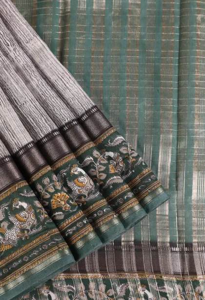 Smoke White Chanderi Cotton Sarees with Gold Zari Stripes